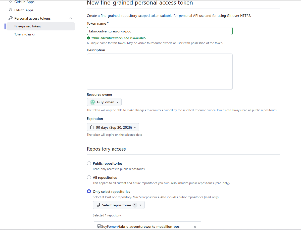 GitHub fine-grained token creation — fabric-adventureworks-poc, 90 days, only select repositories